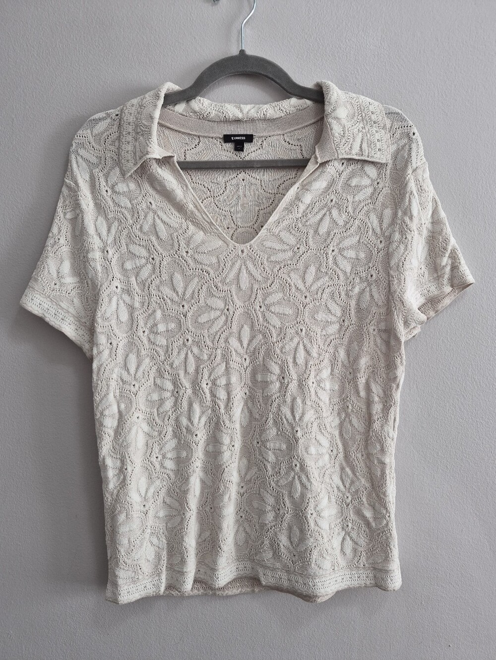 Express Collared Crochet Floral Knit Polo Shirt Size Large